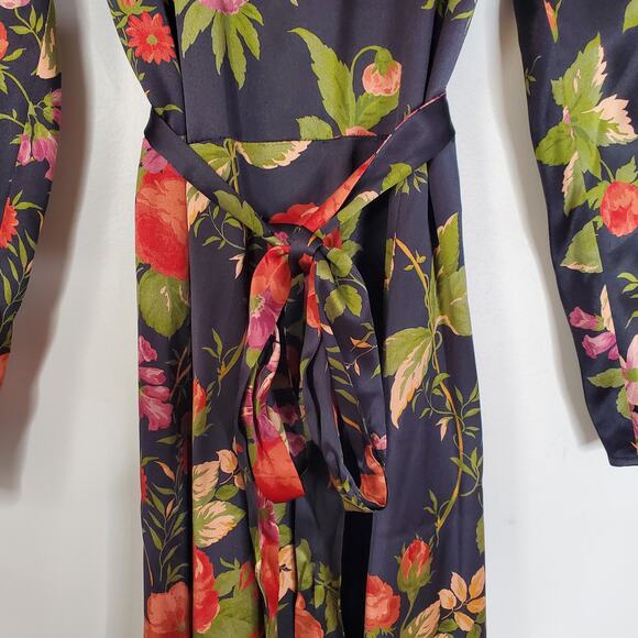 Reformation Julius Silk Dress Black Floral Print Long Sleeve Midi Length Size 8 - Picture 7 of 13